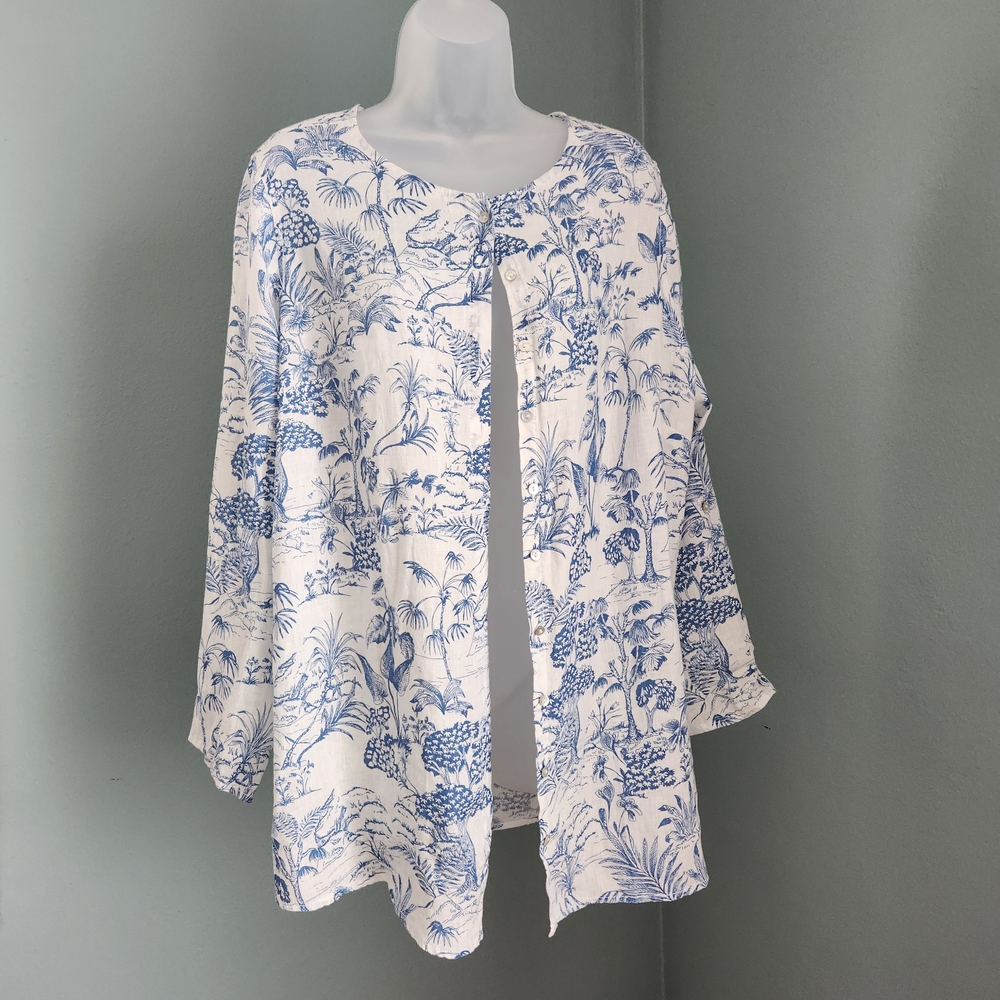 Nicole Miller Blue and White Toile Linen Shirt Jacket